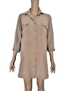 Bsubseach Tan Swim Cover Up Women’s M – Batwing Sleeve Button Down High‑Low Hem